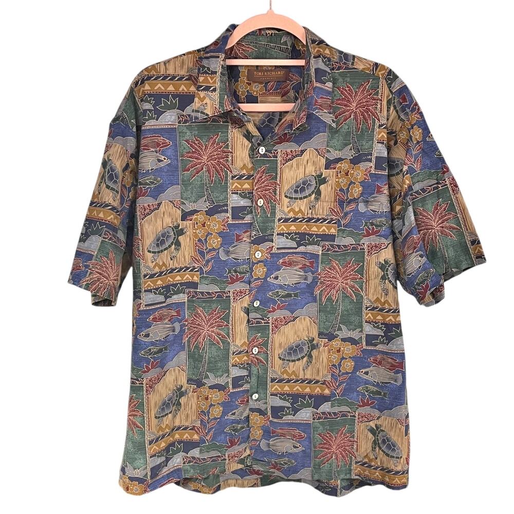 TORI RICHARD Hawaii-Themed Lawn Shirt Size L Honu Turtles Palm Trees Beach Ocean